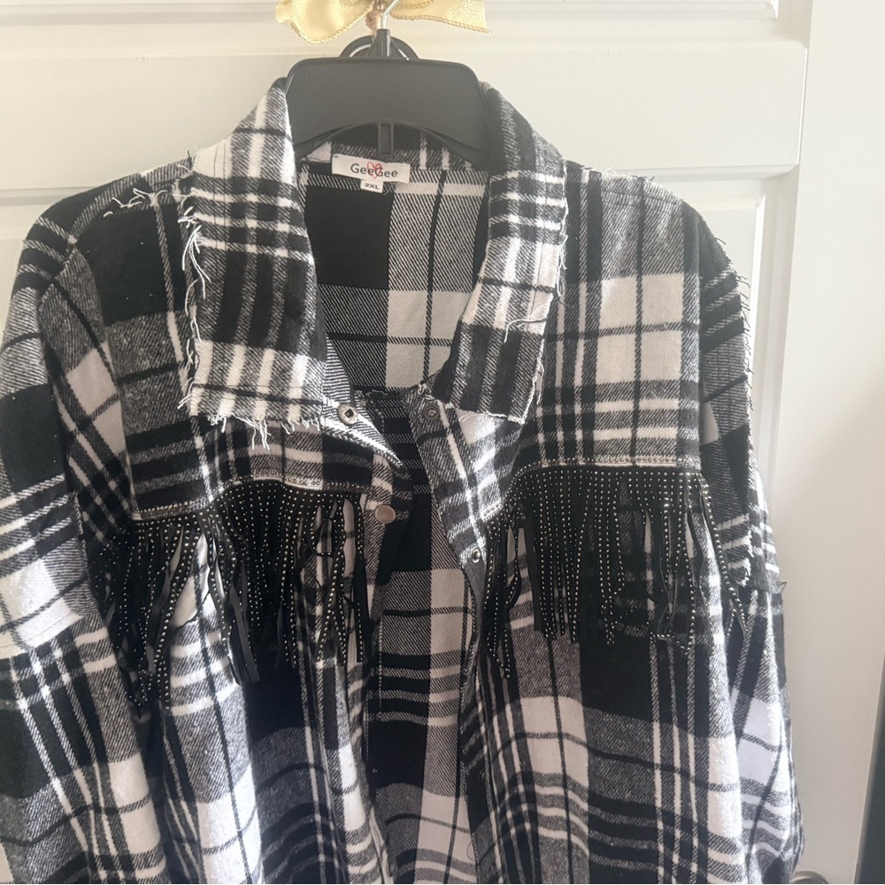 Black and White Plaid Fringe Jacket